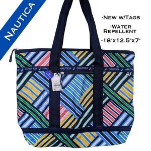 Nautica Tote Market Beach Bag Large Blue Striped Patchwork Captains Quarters NEW